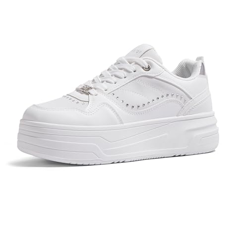 TIMEJOY Women's Platform Sneakers Chunky Tennis Shoes with Artificial Leather & Recyclable Material Insole Non-Slip Cushion for Casual, Streetwear & Daily Outfits(7 US, White/Silver)
