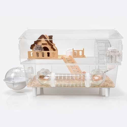 Clear Acrylic Hamster Cage, Dwarf Hamster Cage, Mouse Cage, Gerbil Cage - All-in-One Hamster Habitat with 18cm Silent Wheel, Tubes & Full Kit, 17.7×11.8×13.8' for Dwarf Hamsters, Mice, Gerbils