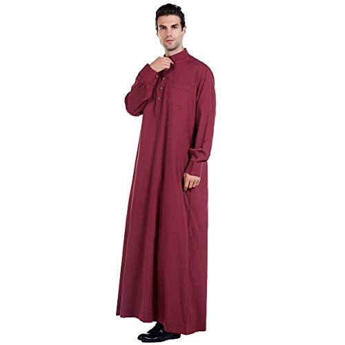 Muslim Men Full Sleeve Thobe with Side Pockets Solid Stand Collar Middle East Saudi Arab Long Robe