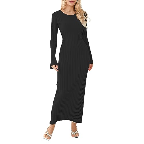 lisenraIn Women Long Sleeve Sweater Dress Elegant Bodycon Ribbed Knit Maxi Dress Spring Fall Fitted Sweater Maxi Dress