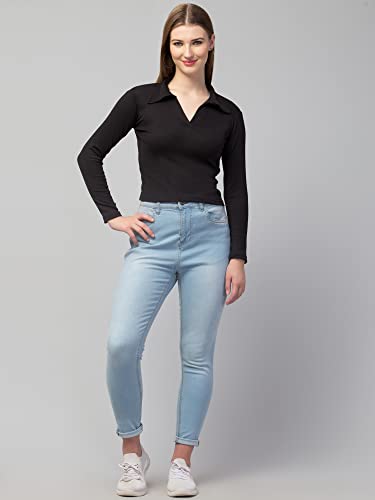 Image of Ribbed Polo Collar Full Sleeves Tops for Women