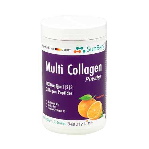 Sunberg Multi Collagen Powder - 1000mg Hydrolyzed Collagen Peptides Type I, II, III Hyaluronic Acid Biotin for Skin Hair Nail Joints Bones Muscles Teeth - 400mg Halal Collagen Complex Supplement