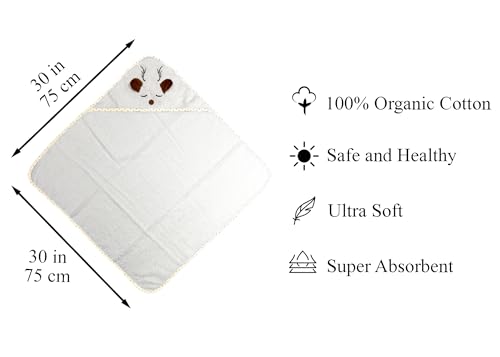 Image of Organic Baby Hooded Bath Towel 30x30 Inch - 100% Organic Cotton, 380 GSM Soft & Absorbent Newborn Towel with Embroidered Hood, (Deer)
