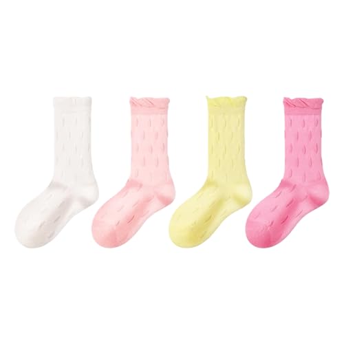 Girls Socks Dot Pattern Ruffed Crew Mid-Calf Solid Boneless Mesh Cute Casual Socks for Girls 4 Pairs