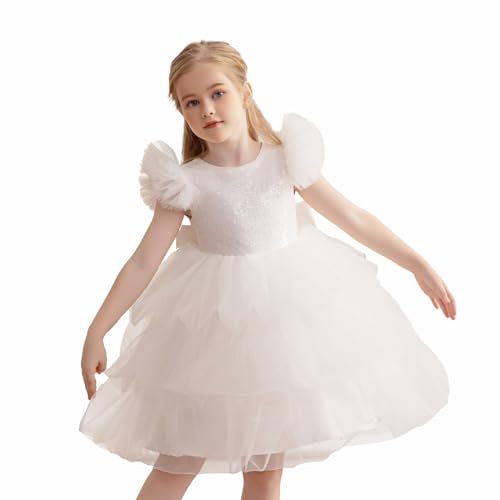 Flower Girl Dress Ruffle Sleeve Layered Rainbow Holiday Fancy Satin Tulle Elegant Party Formal Communion Gown