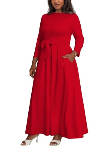 XNMHL Plus Size Dresses for Wedding Guest Round Neck Long Sleeve Outfits African Attire with Pockets Birthday (Red, 3XL)