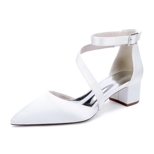 Closed Toe Women's Wedding Shoes, Bride High Heels with Ankle Strap, Pointed Toe Bridal Shoes Satin Prom Party Dress Pumps Sandals