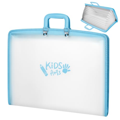 Image of 11x17 Kids Art Portfolio - Accordian File Organizer with 13 Pockets, Art Portfolio for Kids with Handle and Zipper Closure - Oxford Cloth, Frosted Translucent Artwork Folder for Children - Blue