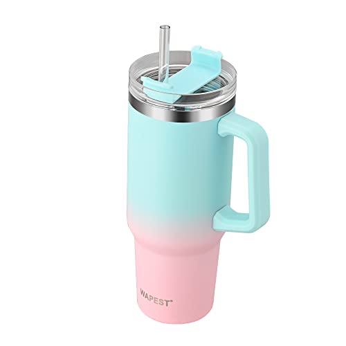 WAPEST 40 oz Tumbler with Handle - Insulated Tumbler with Straw Lid - Stainless Steel Insulated Water Bottle Travel Coffee Mug - Keeps Drinks Cold up to 36 Hours, BPA Free - Pink&Green