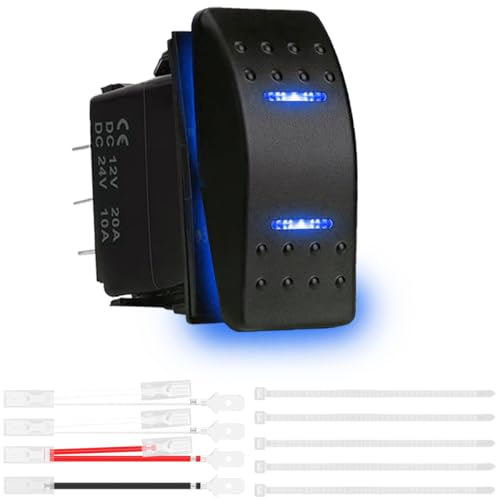 MKBKLLJY 1 botón (ON)-OFF (IN) 3 posiciones, interruptor impermeable DC 12 V/20 A 24 V/10 A 7 pines DPDT lámpara LED azul con juego de cables puente y bridas para barco, camión, autocaravana,