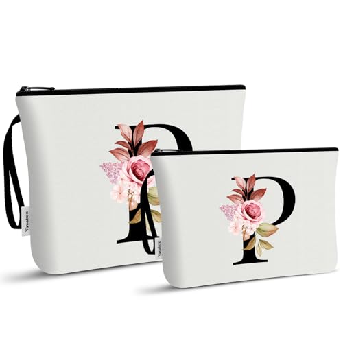 Image of Vavabox A-Z Personalized Makeup Bag, Birthday Gifts for Women Mom, Gifts for Best Friend, Bride Bridesmaid Cosmetic bag (P, 03-White Set)