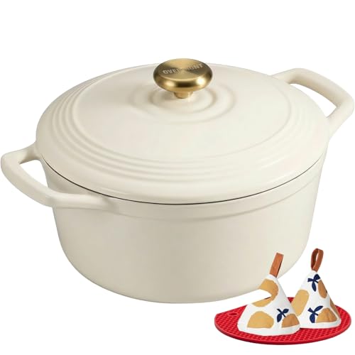 Overmont Bräter Emaille Gusseisen Topf - Schmortopf 26cm backofengeeignet - mit Deckel und Kochbuch - für Küche Backen Schmoren Braten Weiß