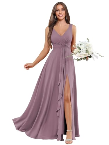 Image of BOLENSYE Bridesmaid Dresses Long Ruched Ruffles Chiffon A Line Evening Party Gown with Pockets Slit
