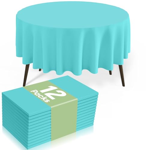 Image of misaya 12 Packs Disposable Plastic Table Cloth, 84 inch Round Waterproof Tablecloth, Leakproof & Sturdy Decorative Table Covers for Picnic, Party, Outdoor and Back to School, Teal