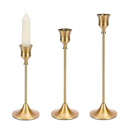 Luxvara 3 Piezas Candelabro Decorativos de Velas, Vintage Cónicas Portavelas de Metal Alto, Candelabro Dorado Negro de Metal para Decoración del Hogar, Bodas, Cenas, Fiestas, 23/20/17 cm (Dorado)