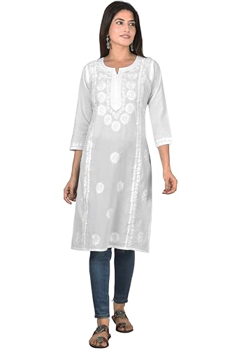 Vrnda Women's White Cotton Kurti – Hand-Embroidered Lucknowi Chikankari, Straight Fit, Knee-Length Pakistani Style Kurta
