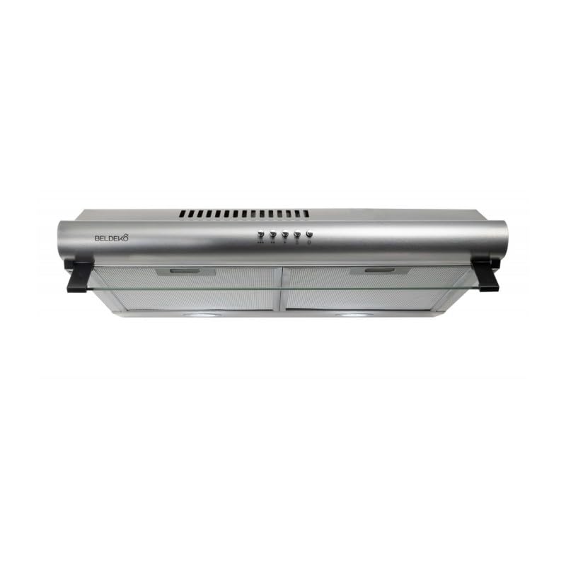 Hotte casquette visière BELDEKO 60 cm – inox – double moteur 200 W – débit 435 m³/h – filtres à charbon inclus – 3 vitesses – éclairage LED – évacuation ou recyclage – marque française