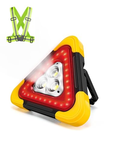 Triangolo Luminoso, Segnale di Triangolare, Triangoli per Auto, Triangolo di Sicurezza, Luce di Allarme da 30 W, Luce di Emergenza Portatile, Impermeabile, 3 Modalità, Strisce Riflettenti Incluse.