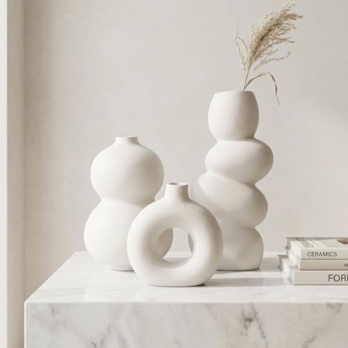 Image of Modern Ceramic Vase Set of 3 | Nordic Minimalist Donut & Abstract Bubble Design Flower Vases | Matte White Home Decor for Living Room, Table, Shelf, Office | Pampas & Dried Flower Vase