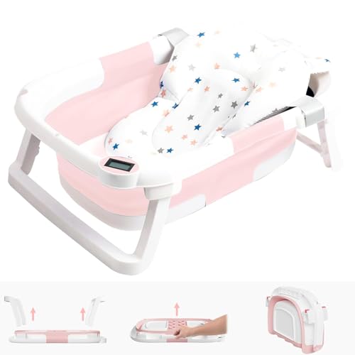 Image of napei Collapsible Baby Bathtub,Baby Bath Tub with Soft Cushion & Thermometer,Baby Bathtub Newborn to Toddler 0-36 Months,Portable Travel Baby Tub (Pink, Bath Tub Pro)
