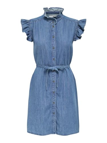 ONLY Onlshania S/L Frill DNM klänning AKM, Mellanblå denim, M