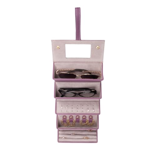 Image of Brouk & Co Leah 5 Eyewear & Jewelry Case - Pebbled Vegan Leather, Foldable Case, Snap Closure, Hanging Loop, Interior Mirror, 5 Compartments: Sunglasses and Jewelry (Purple)