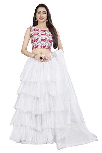 STELLACOUTURE Indian/Pakistani Ready to wear Ruffle NET Lehenga Choli for Women (1340) (White, Large)