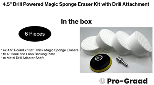 Image of 4.5 inch Drill Powered Magic Sponge Eraser 6 Pieces Kit with Drill Attachment | 25% Thicker Ultra-Durable Melamine Eraser Pads for Bathrooms, Kitchens, Floors, Walls, Baseboards & More