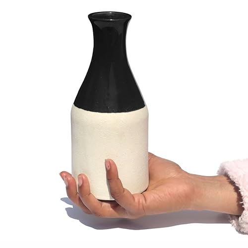Image of Pure Source India Handcrafted Black Ceramic Bottle-Shaped Flower Vase (8 Inches) for Home Decor, Living Room, Gifting, Decorative Small Vase (Flower NOT Included)