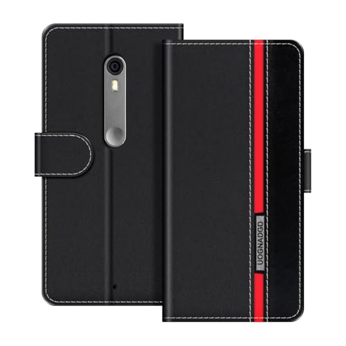 UOGNADGD Leather Phone Case Compatible with Moto X Pure Flip Wallet Cover with Magnetic Closure, Kickstand & Card Holders, Shockproof Protection (Black)