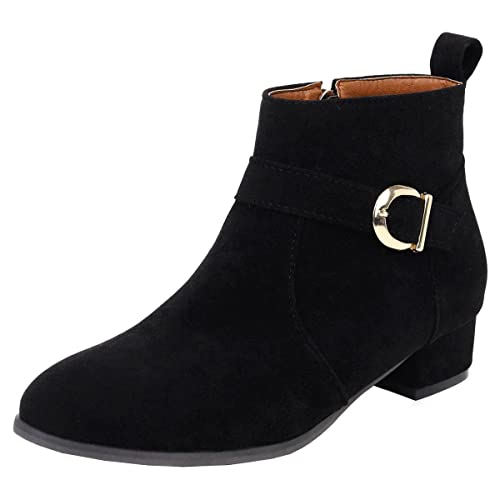ClassicSter Womens Faux Suede Booties Round Toe Chunky Low Heel Zip Up Ankle Boots with Buckle