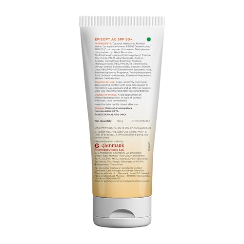 Image of Episoft AC SPF 50 + sunscreen | Maximum Hydration | Protection against both UV-A /UV-B, Water and Sweat Resistance | Lightweight | With anti-aging benefits | For all Skin Types | No white cast | 50 G