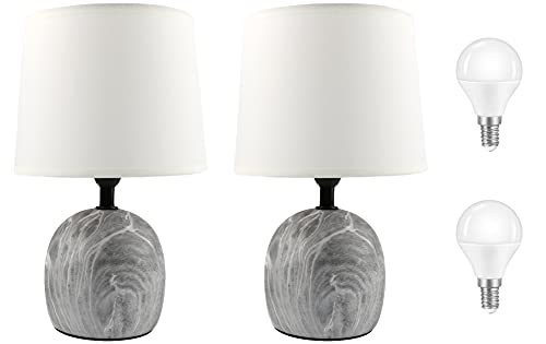 Pack 2 Lámparas Mesita Noche Moderna Cerámica Gris y Gris Claro Con 2 Bombillas Led Luz Cálida 3000K Incluida