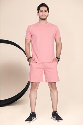 Image of HOODMASTER Men's Cotton Night Suit Set of Top & Knee Length Shorts with Round Neck Half Sleeves Solid Pattern Regular Fit and Standard Length | Mens Cotton Night Suit | T-Shirt and Shorts Sets
