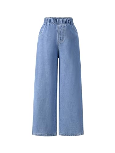 Girl's Straight Wide Leg Jeans Casual Loose Fit Elastic Waist Wash Denim Pants