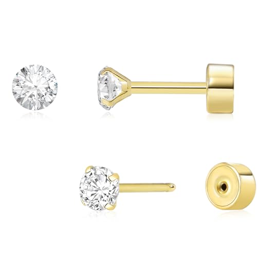 Threadless Flat Back Earrings, Hypoallergenic 14K Real Gold Plated CZ Stud Earrings | Cartilage Earring | Tragus Helix Piercing Jewelry | Push in Flatback Earrings for Women Men
