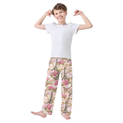 Eiffel Tower Butterfly Rose Boys Long Pants Soft Trousers Elastic Waist Kids Lounge Bottoms with Pockets S-XL2
