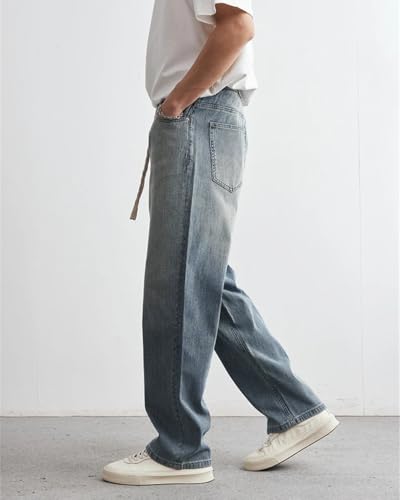 Men's Japanese Style Retro Jeans Elastic Waist Loose Straight Casual Denim Pants2