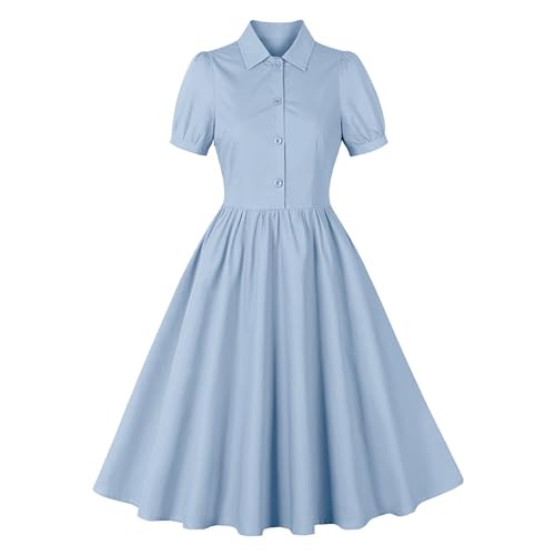1950s Dresses for Women Short Sleeve Cotton Audrey Midi Dress Vintage Button Down Cocktail Dress Tea Party Dresses(Large,Light Blue)