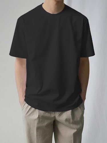 Image of LEOTUDE Half Sleeve Oversized Tshirt for Men, Round Neck Cottonblend Drop Shoulder Solid T-Shirt