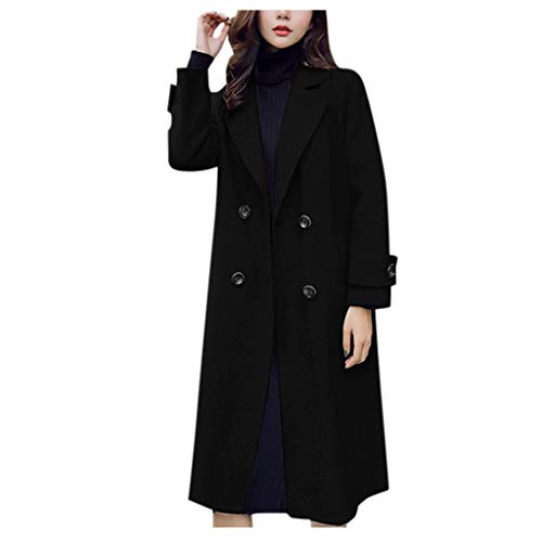 Fankle Basic Double Breasted Notch Lapel Mid-Long Wool Blend Pea Coat for Women Sale Trench Coat Jacket with Pockets(Black S)