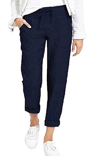 Calça feminina de algodão e linho com cintura elástica solta e cor sólida Plus Size da KLJR, Dark Bl