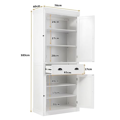 TANGZON Tall Kitchen Cupboard, 183cm 4-door Storage Cabinet with Drawer, Adjustable Shelves, Door Racks & Anti-tipping Device, Freestanding Wooden Sideboard Organiser (White, without Door Racks)