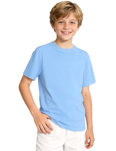 KEREDA Boys Short Sleeve Shirts Kids Summer Crewneck T-Shirts Casual Basic Cotton Plain Tops Tees Size 7-8 Years Light Blue