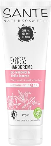 SANTE Naturkosmetik Express Handcreme mit Tonerde, Express-Feuchtigkeit ohne Fettfilm, Mit Mandelöl, Vegan, 4x75ml Multipack