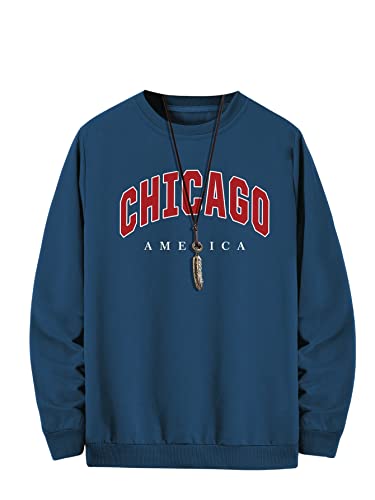 Wdirara Men's Letter Graphic Print Long Sleeve Sweatshirt Round Neck Top Shirt Dusty Blue L #TOP22