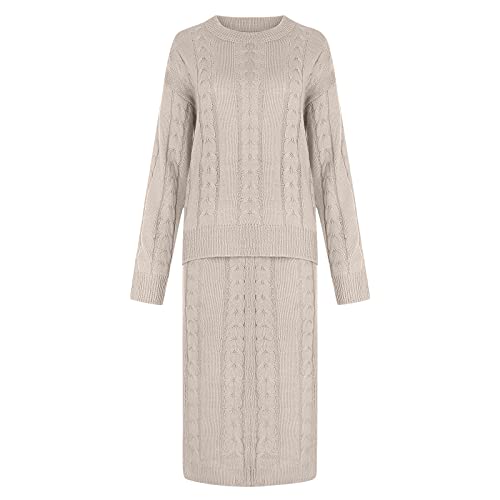Sweater Suit For Womens Knitwear Tops Dress Two Pieces Set Oversized Long Sleeve Cable Knitted Pullover Skirt Set Beige #TOP3