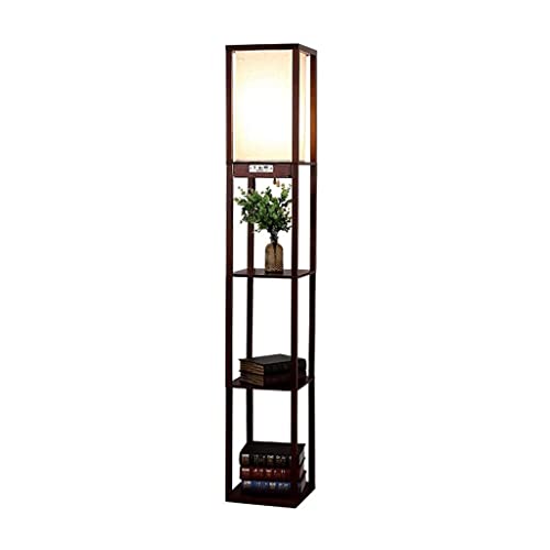 Lámpara de pie 4 en 1 para sala de estar, luz LED de pie con estantes de 3 niveles, puertos y altavoz Bluetooth, luz de pie moderna para decoración del hogar y ambiente