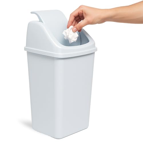 TECHZOCO Cubo basura plástico, Cubo basura apertura basculante, Papelera basculante, Basura para baño, Libre BPA, 40 cm altura x 20 cm ancho x 15 cm fondo, PP5 Plástico, Capacidad 9 Litros, Blanco