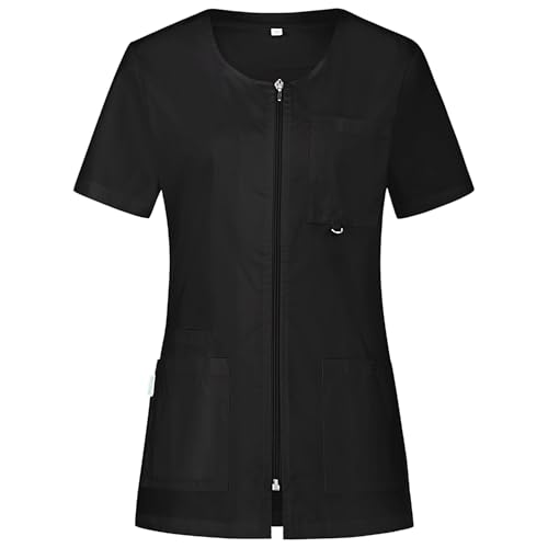 B-well Stella Uniforme Empleada Hogar Casaca con Cremallera Enfermeras Uniforme Estetica Mujer Casaca Mujer Uniforme Manga Corta con Cremallera, Negro, XS